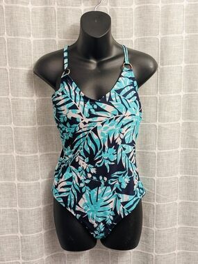 [Kona Sol] Women's Navy & Teal Tropical Print One-Piece Swimsuit